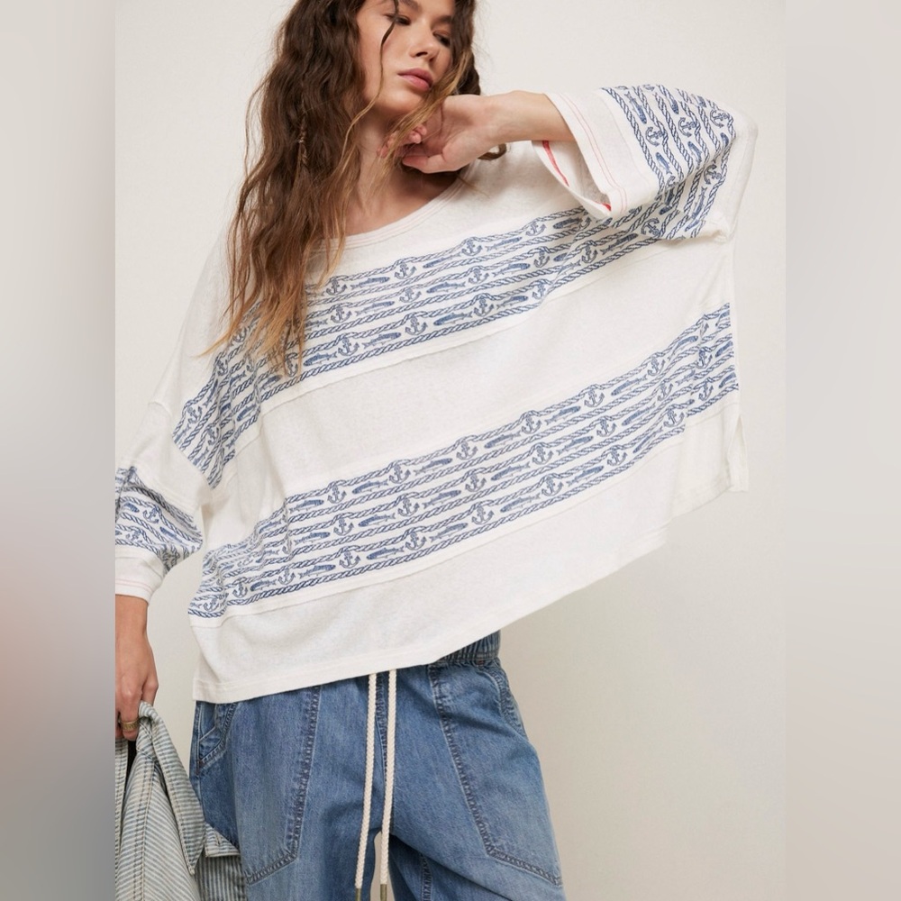 Free People We The Free Cotton Linen Nautical High Seas Tee NWT 🔖